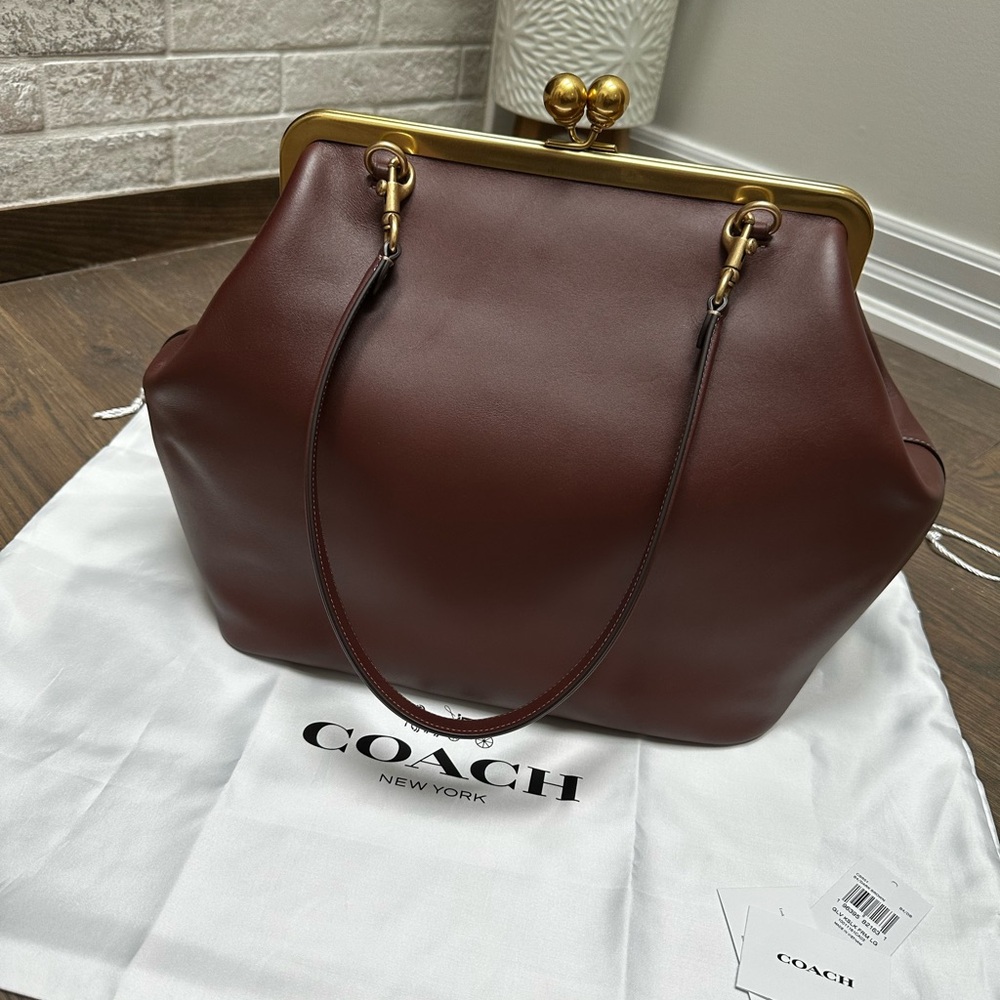 Coach Large Kisslock Frame Bag Dark Brown Leather